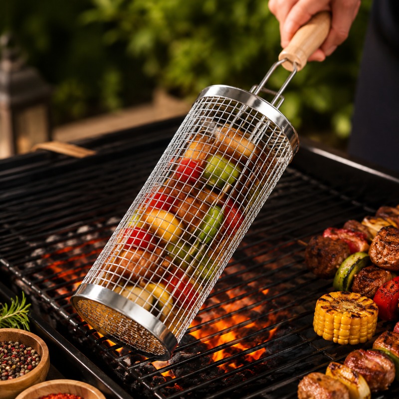 Camping Cooking Device - Round Barbecue Grill Basket Set Stainless